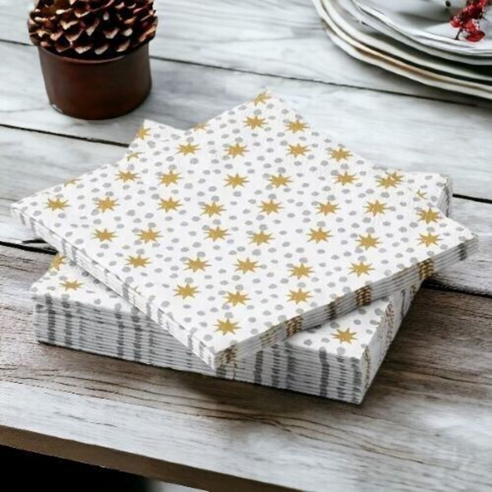 IKEA VINTERFINT Paper Napkins Christmas Star Pattern‎ 9 ½x9 ½ "White-Gold/2 PACK
